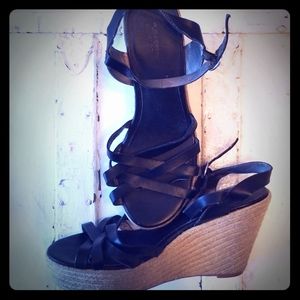 Black leather espadrille wedges